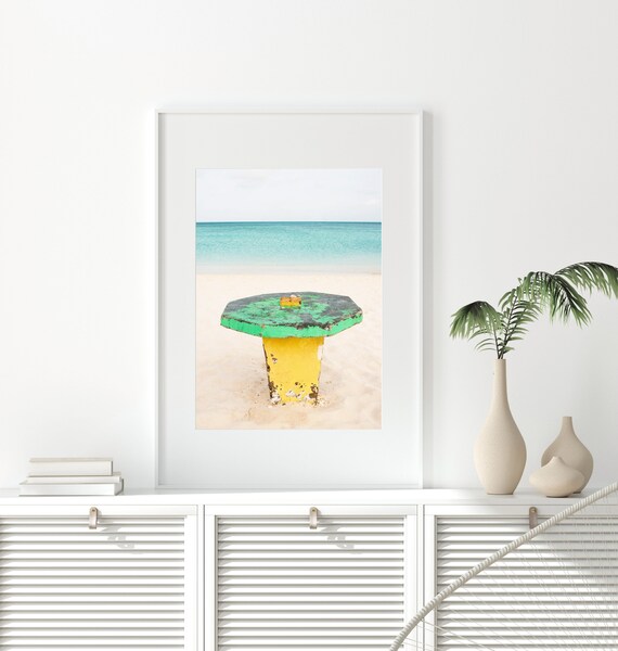 Weathered Green Yellow Table on White Sand Beach Shore Poster