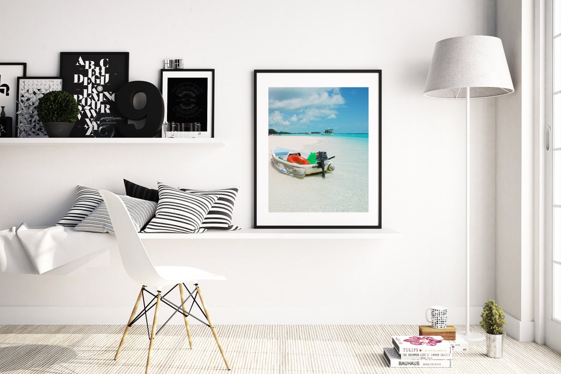 Small Motorboat Resting on a White Sandbar in Clear Water Poster - Image 2