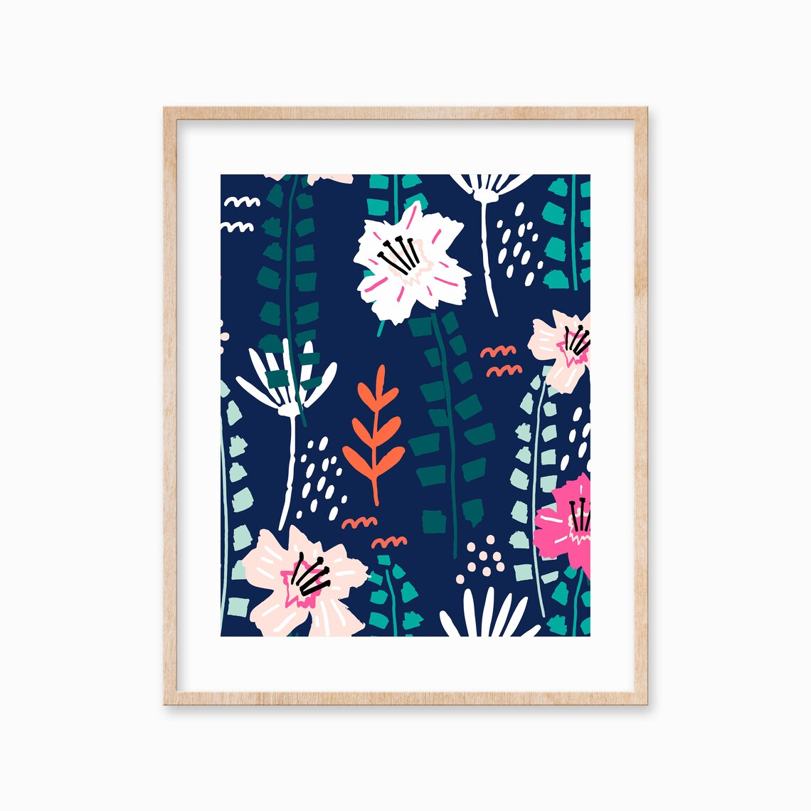 Navy Floral Pattern Blush Pink Blossoms Botanical Garden Poster