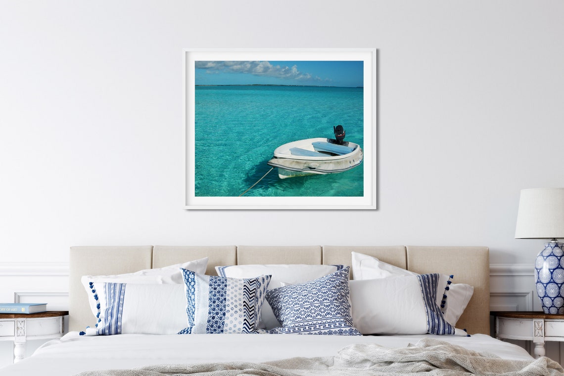 White Dinghy Anchored on Crystal Clear Turquoise Water Poster - Image 2