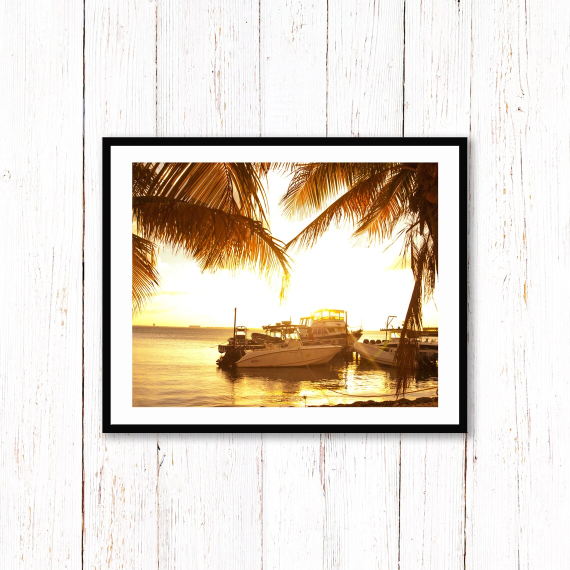 Sunset Marina Boats Golden Water Palm Fronds Tropical Photo Poster - Image 3