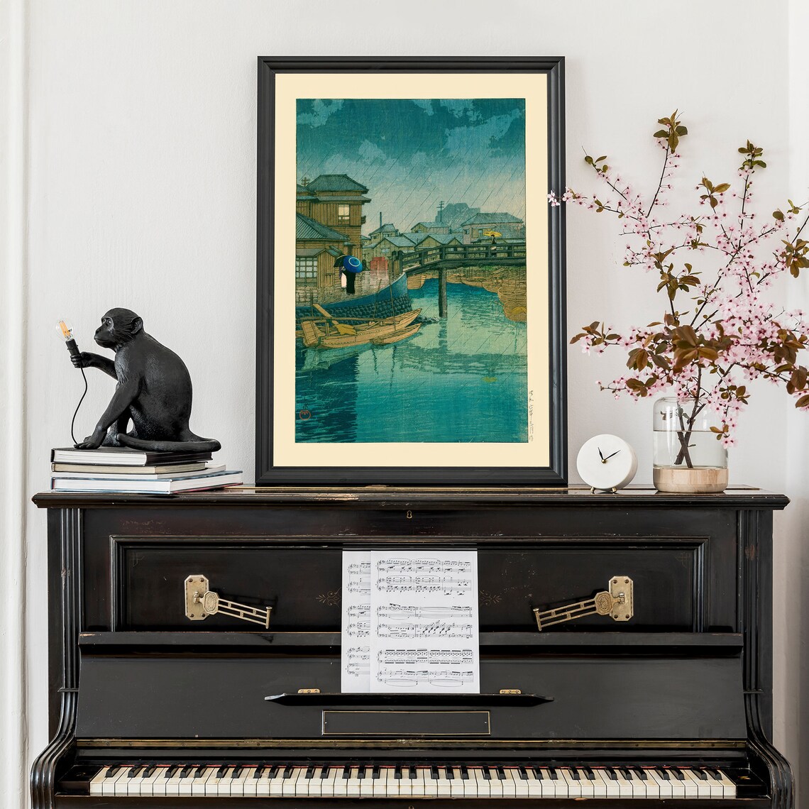 Japanese Rainy Canal Street Boats Woodblock Style Vintage Poster - Image 2