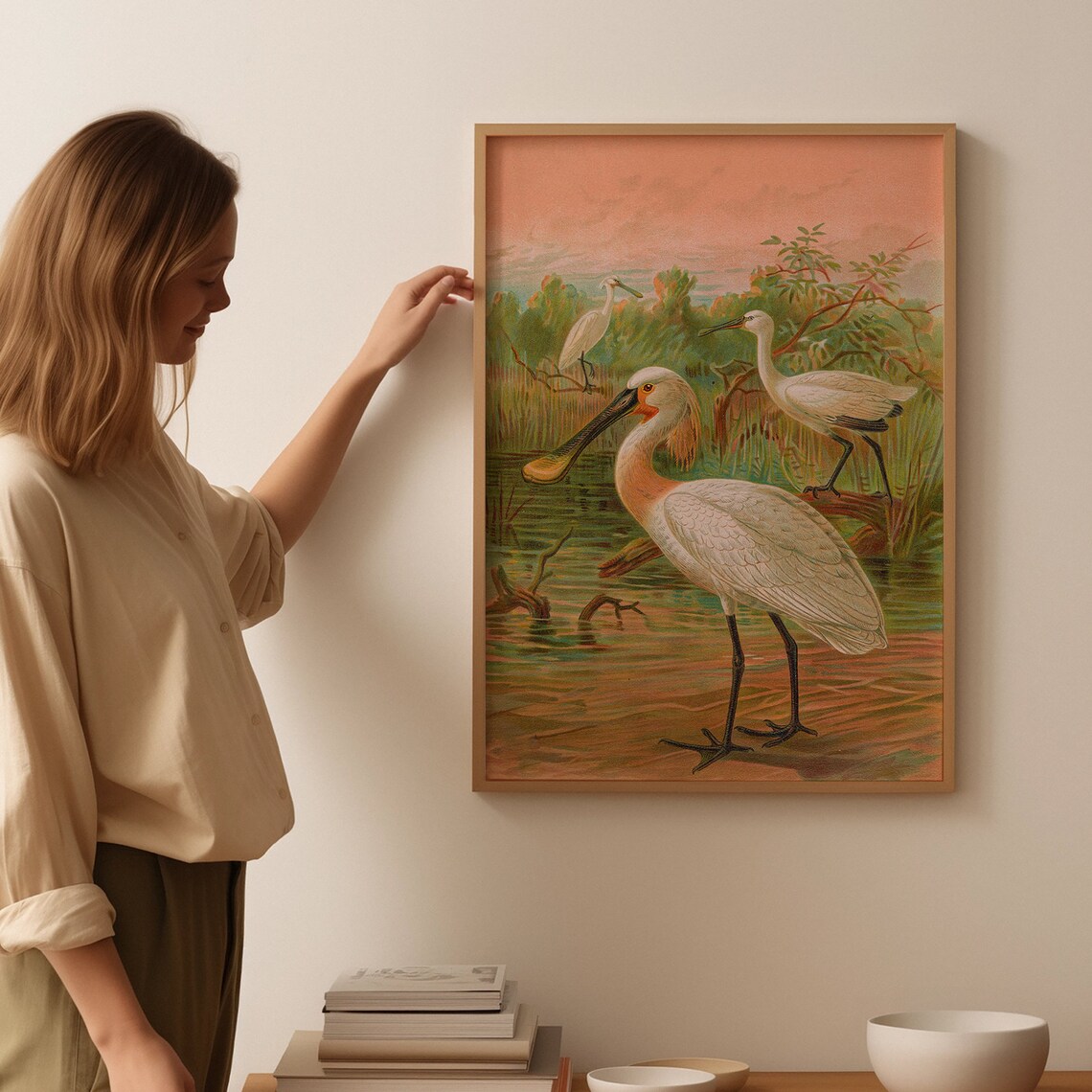 White Spoonbills Wading in Wetlands Vintage Naturalist Bird Art Poster - Image 3