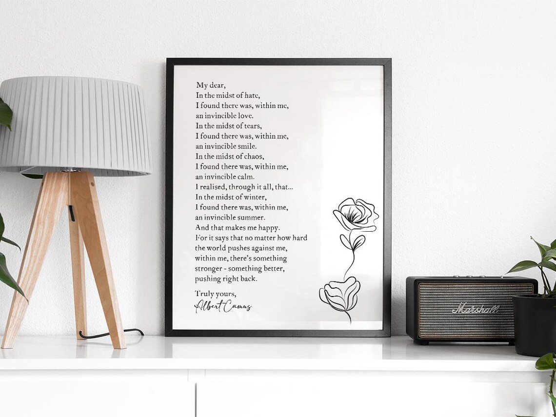 Albert Camus Invincible Summer Rose Line Art Literary Quote Poster - Image 2