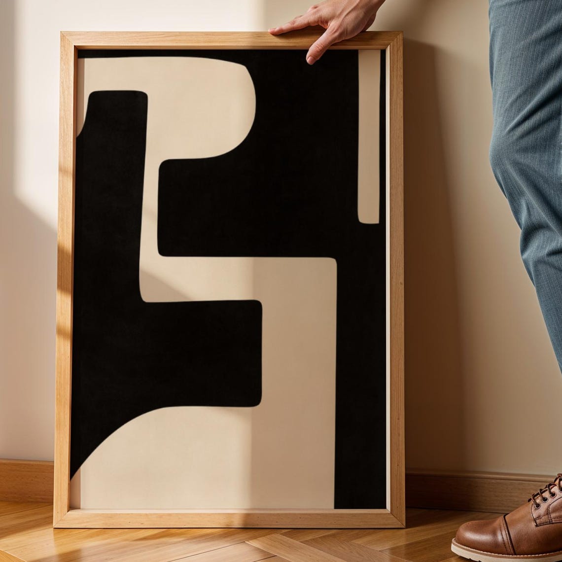 Black Beige Geometric Blocks Mid Century Modern Abstract Poster