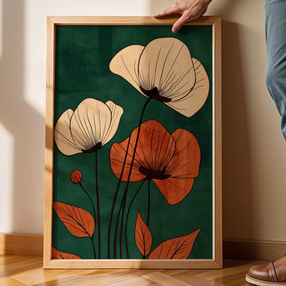 Emerald Green Botanical Line Art Print Minimalist Scandinavian Decor