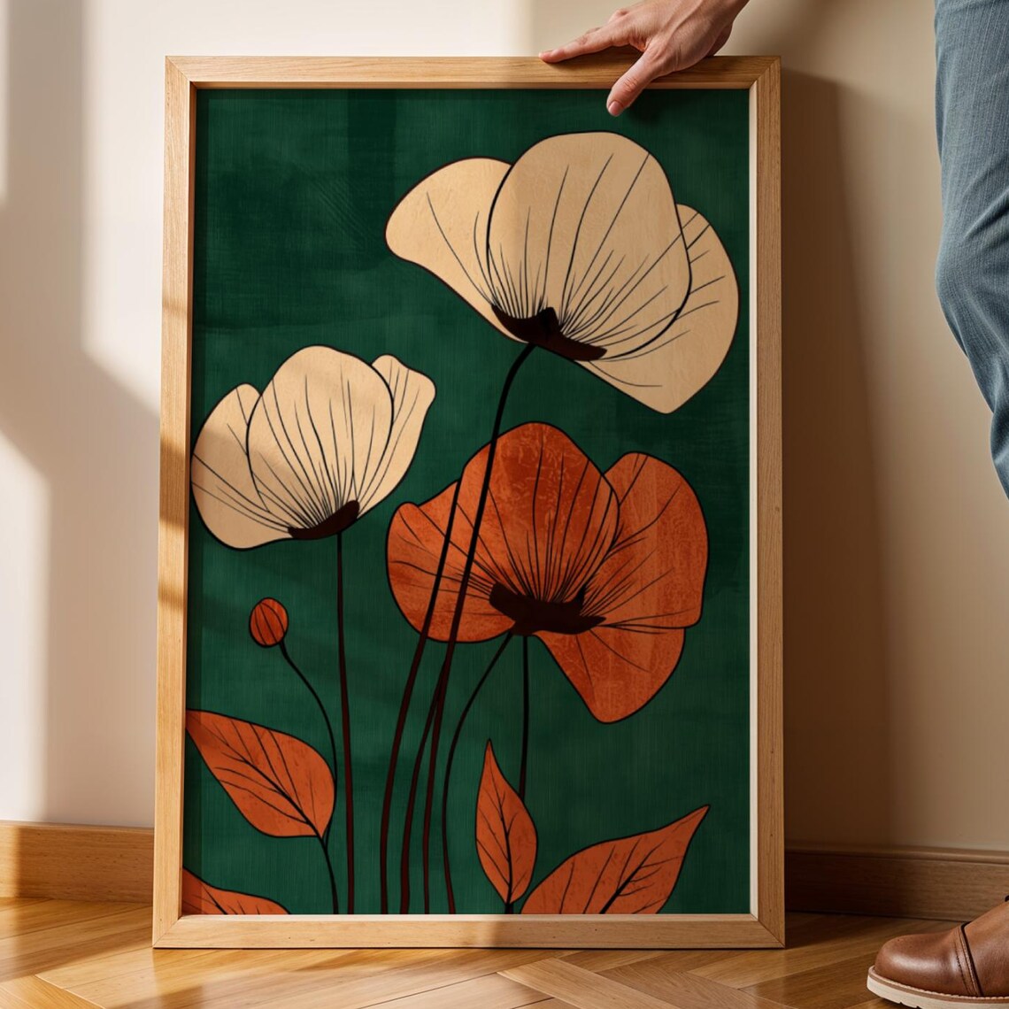 Emerald Green Botanical Poppy Art Print Cream Terracotta Flowers