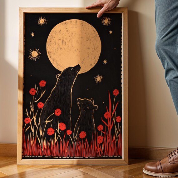 Black Bear and Cub Howling at Golden Moon Red Flower Folk Woodcut Poster