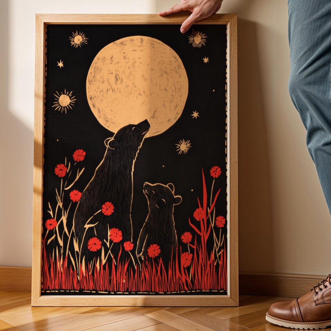 Black Bear and Cub Howling at Golden Moon Red Flower Folk Woodcut Poster
