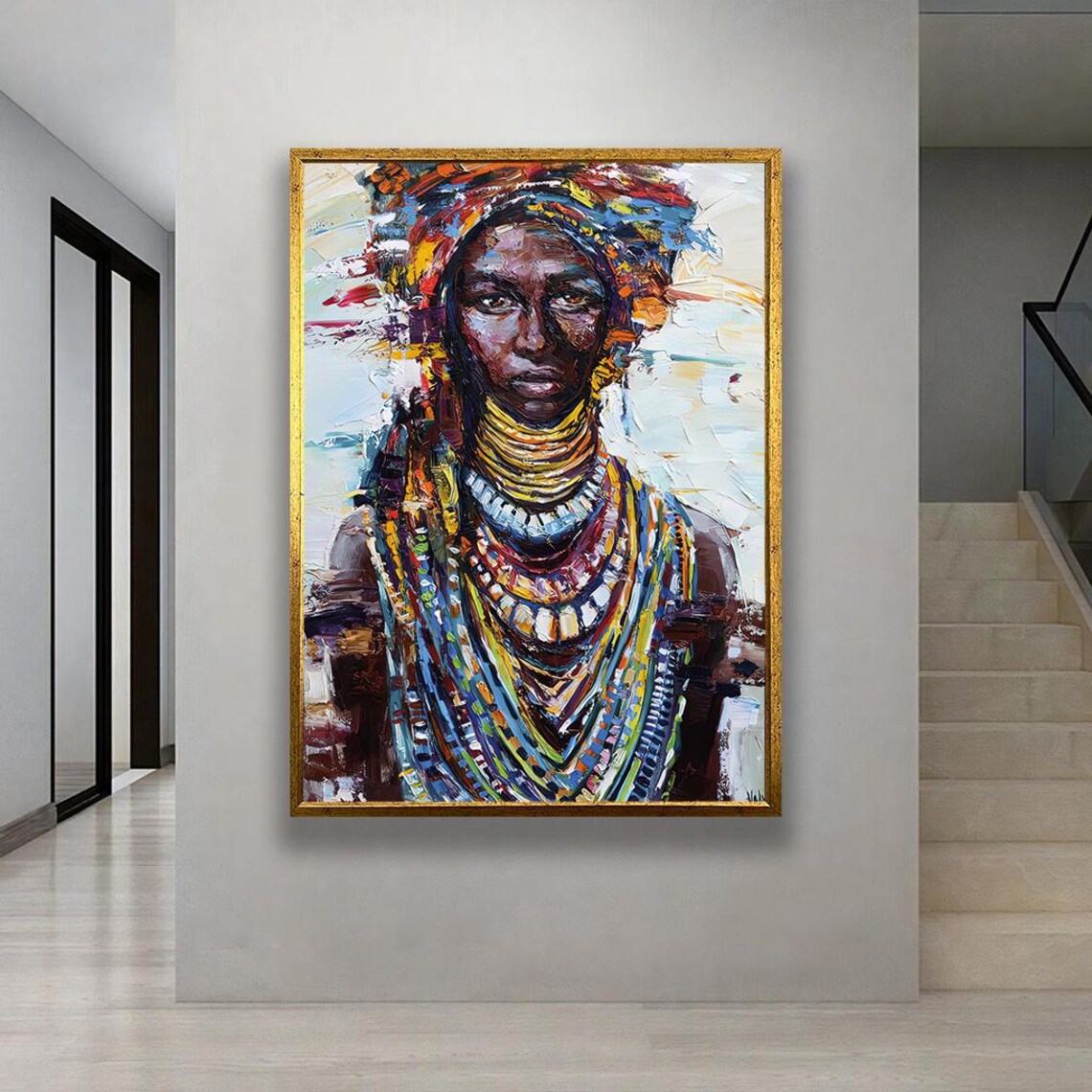 African Woman Tribal Necklace Colorful Expressionist Oil Art Poster