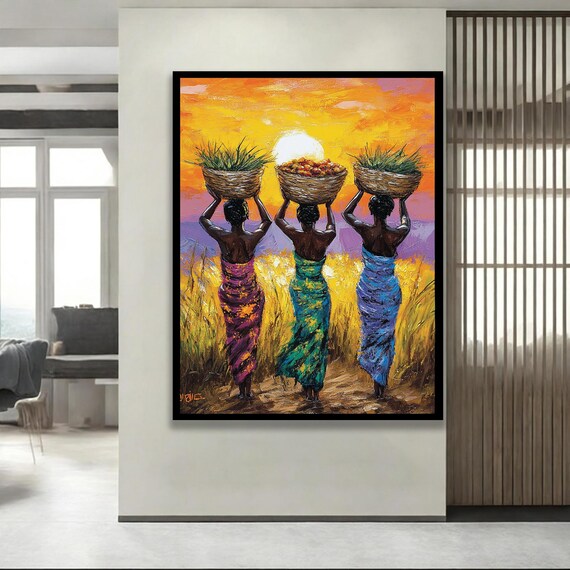Three African Women Harvest Baskets Sunset Oil Painting Poster