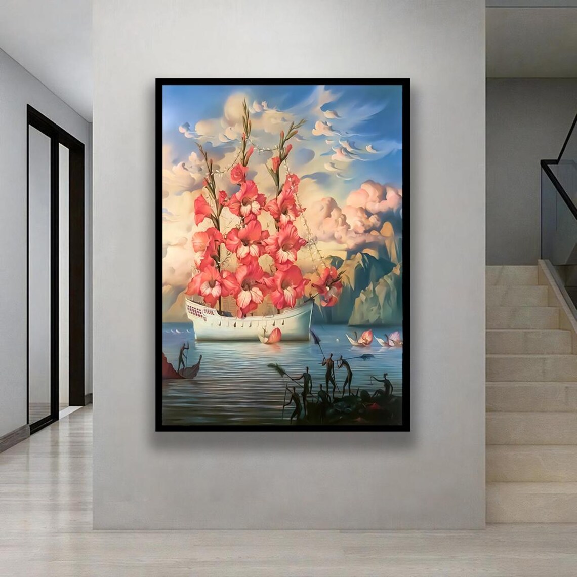 Surreal Ship With Giant Pink Flowers Sails Fantasy Seascape Poster