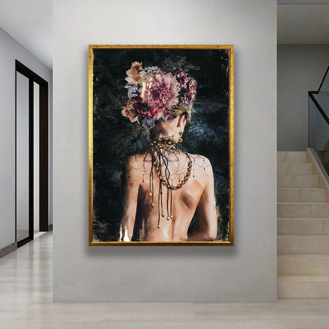 Boho Floral Goddess Woman Portrait Dark Botanical Gold Frame Poster