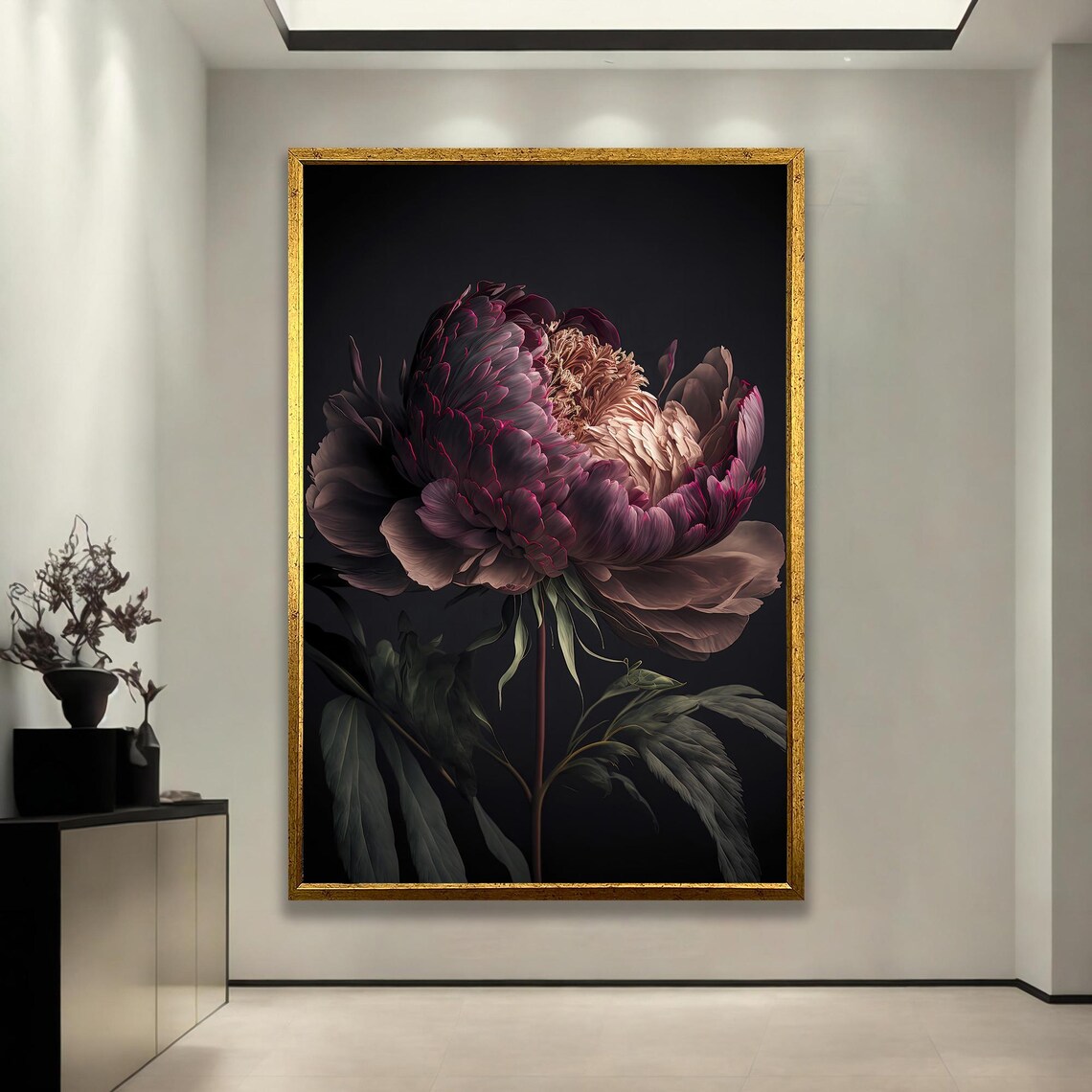 Dark Moody Burgundy Peony Flower Painting Botanical Art Poster