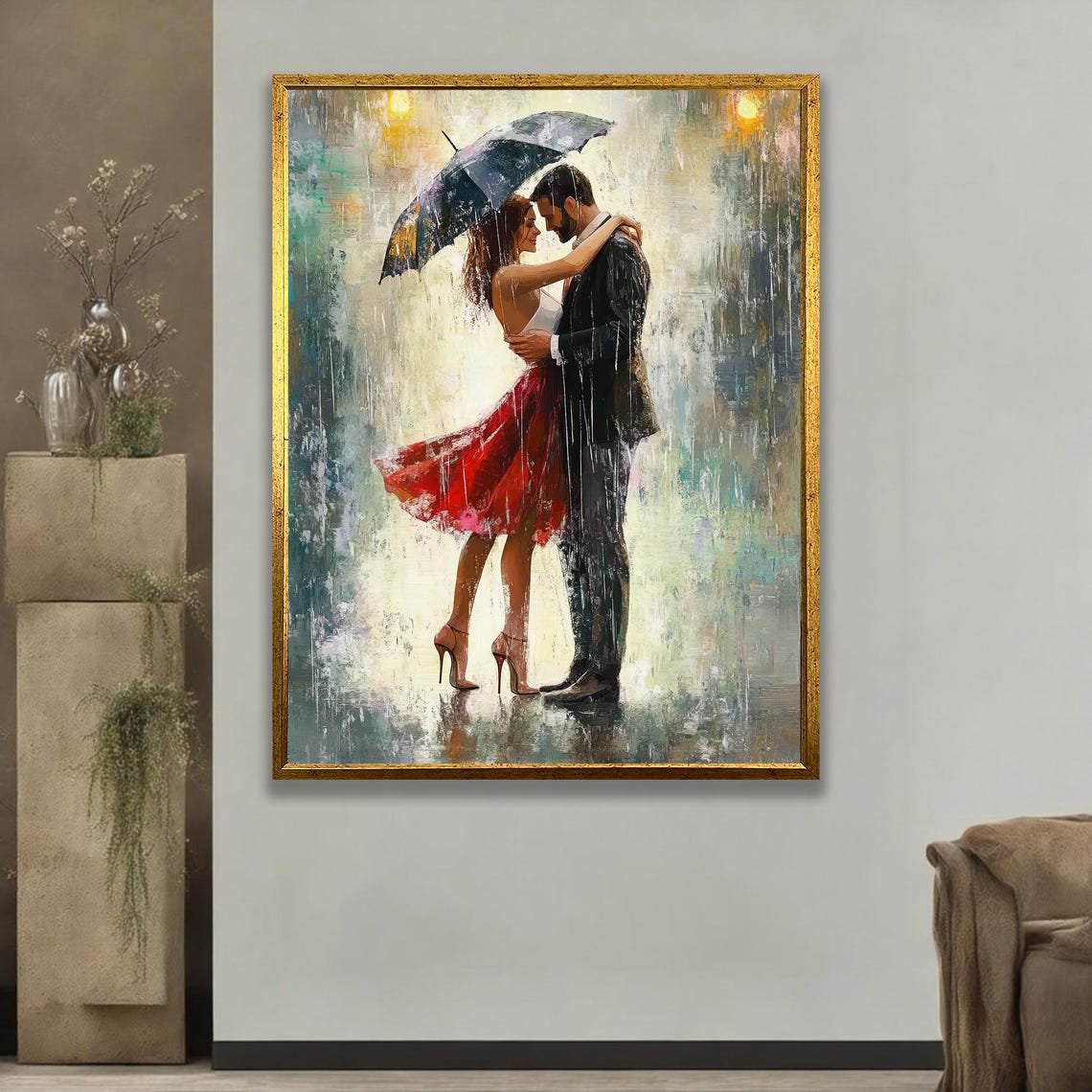 Dancing Couple Under Umbrella in Rain Romantic Painting Poster