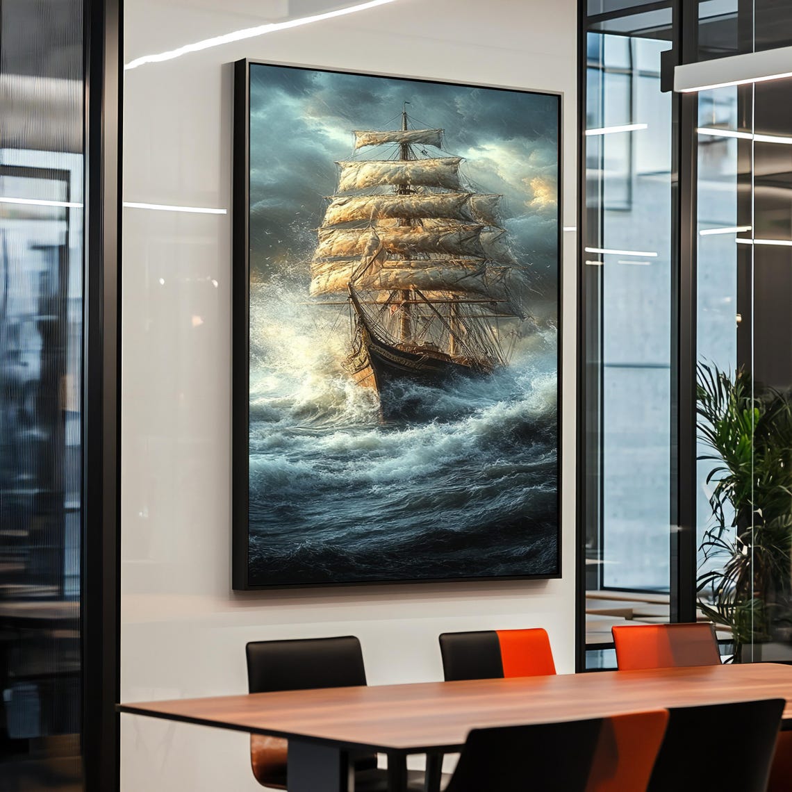 Tall Sailing Ship Stormy Sea Dramatic Golden Sails Ocean Poster