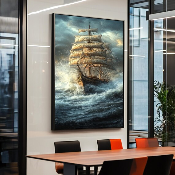 Tall Sailing Ship Stormy Sea Dramatic Golden Sails Ocean Poster