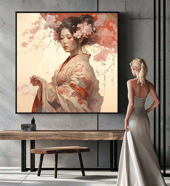 Japanese Kimono Woman Cherry Blossom Red Sun Portrait Wall Art