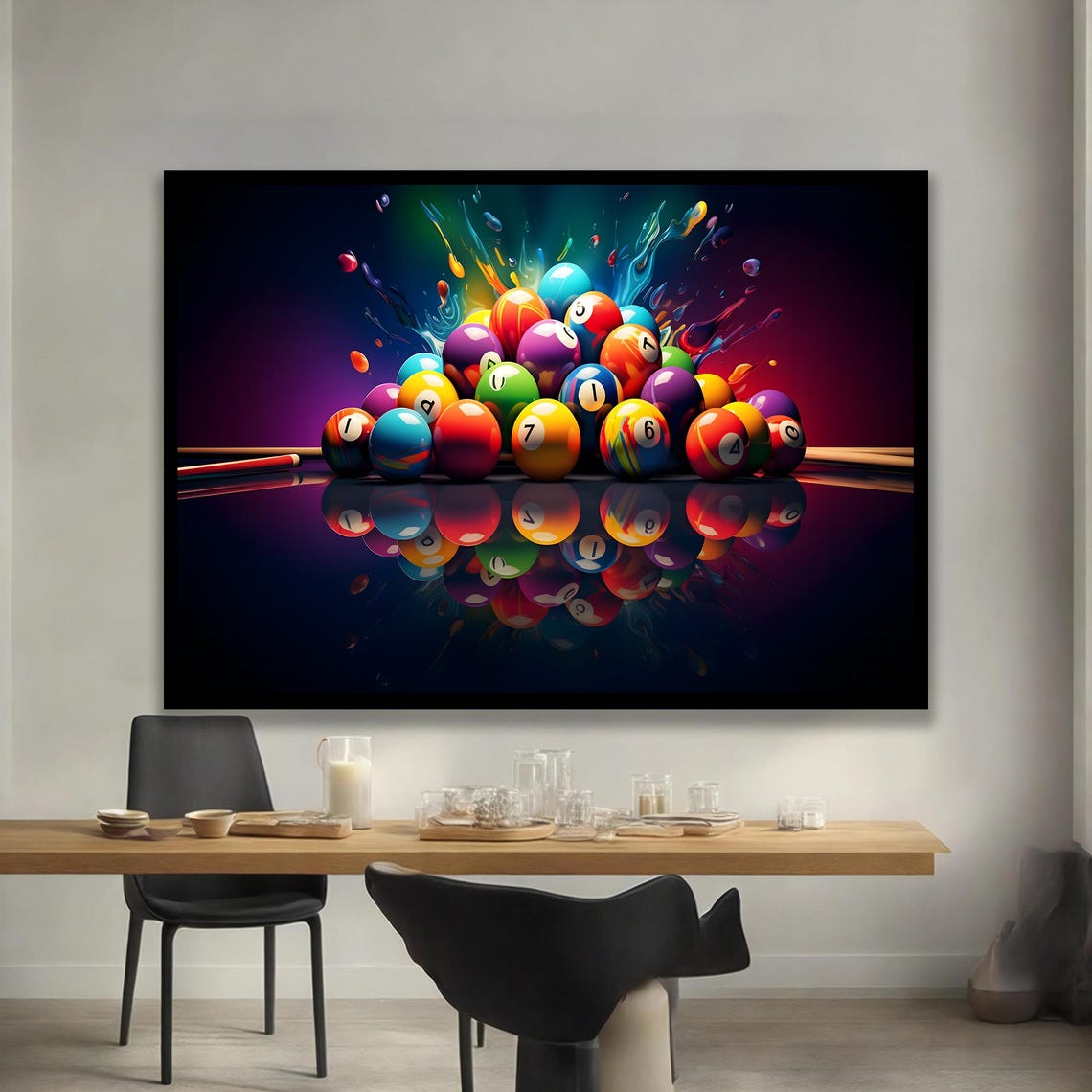 Colorful Billiard Balls Neon Splash Pool Game Room Art Poster