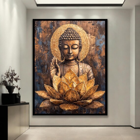 Framed Golden Buddha Print Flower Zen Meditation Art