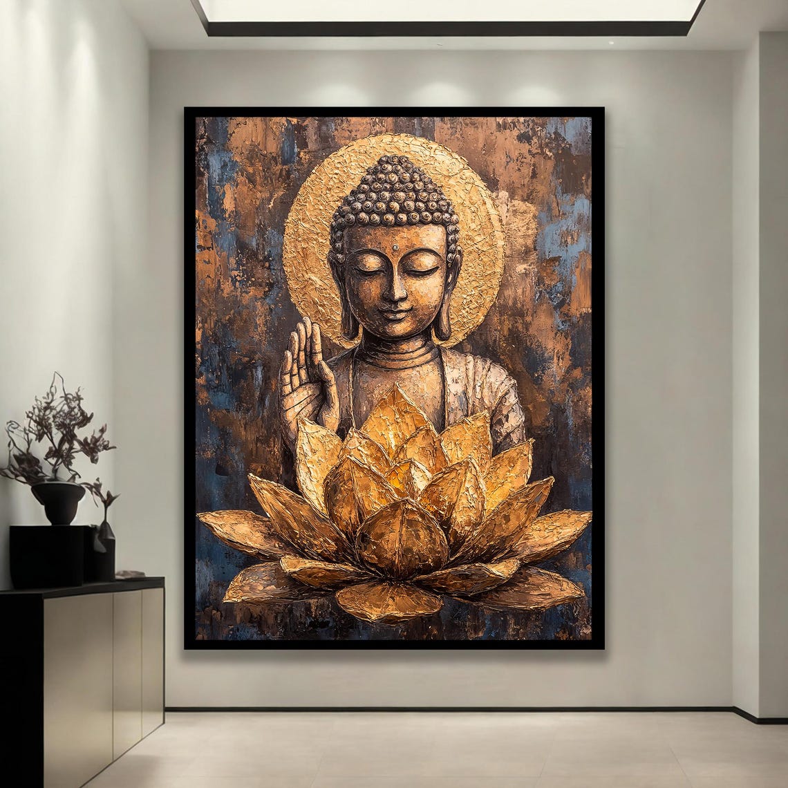Framed Golden Buddha Print Flower Zen Meditation Art