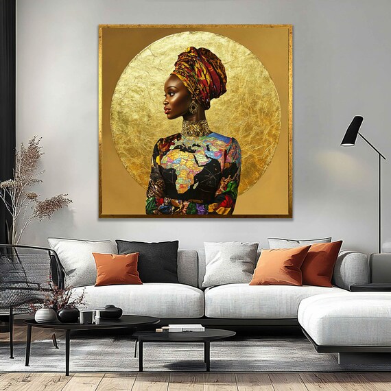 African Woman Gold Halo Portrait Colorful Headwrap Mosaic Canvas Poster