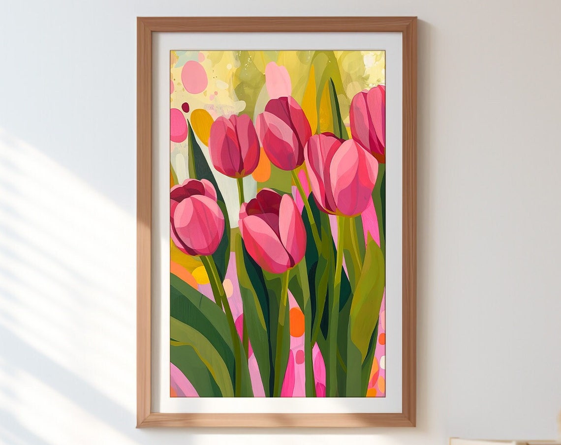 Pink Tulips Bold Painterly Floral Spring Garden Wall Art Decor