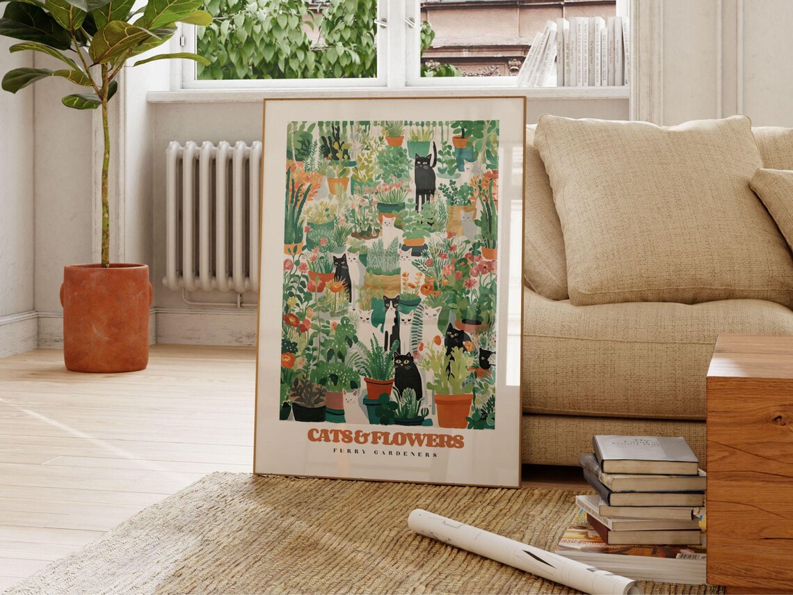 Playful Cats and Flowers Among Potted Plants Botanical Wall Poster - Image 2