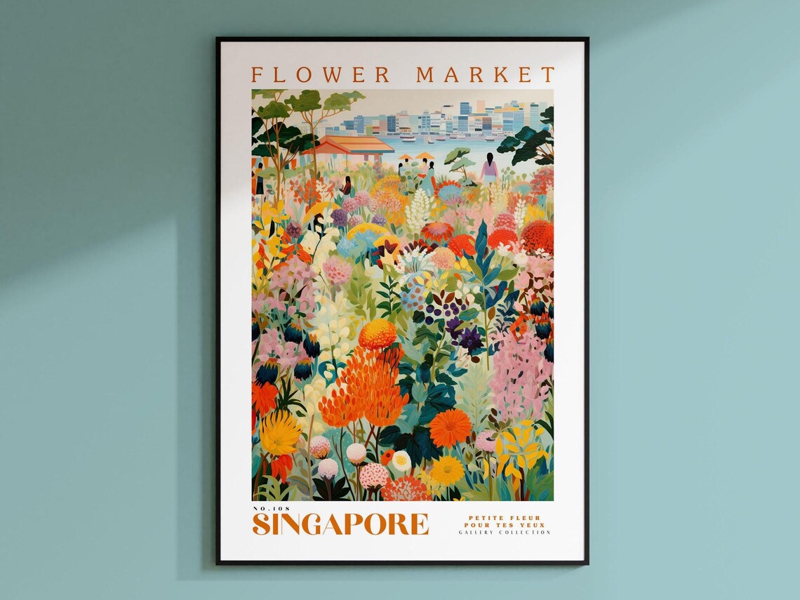 Singapore Flower Market Travel Poster, Floral Illustration