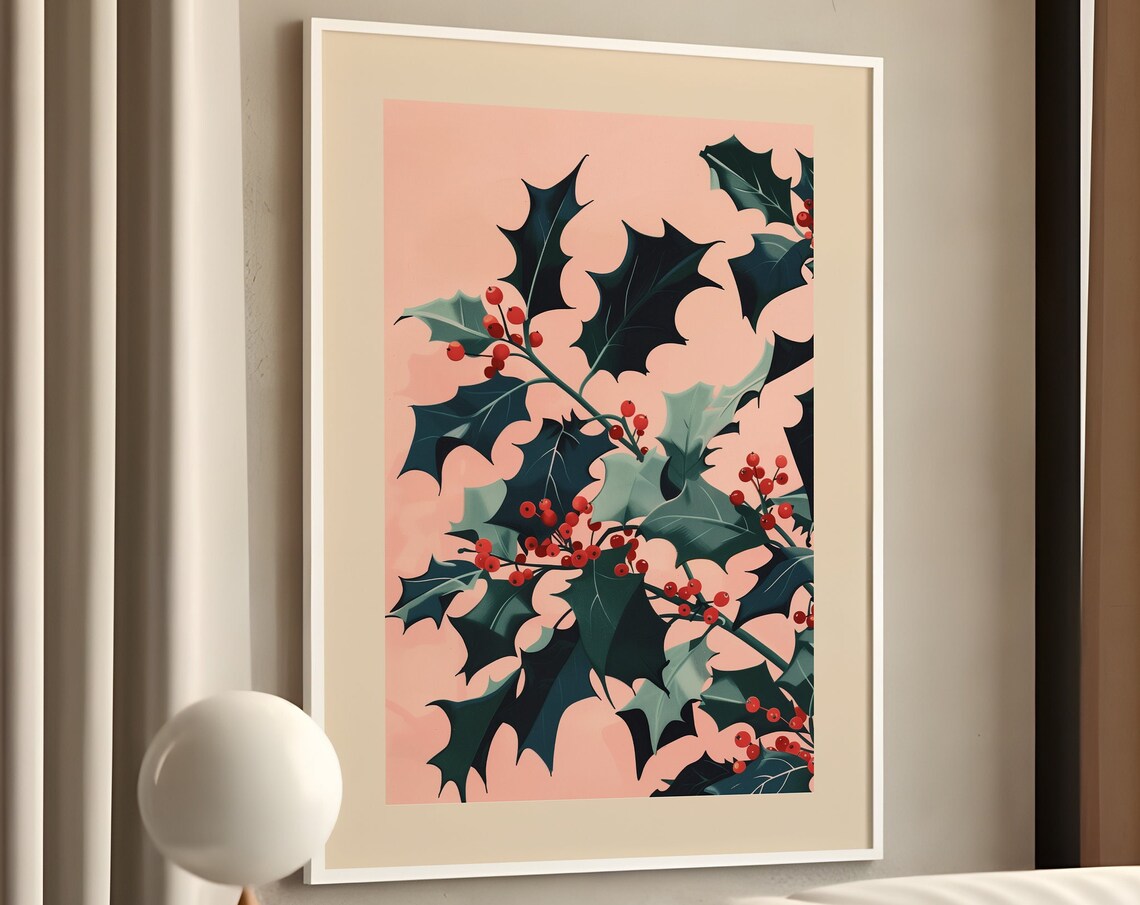 December Holly Birth Flower Botanical Pink Holiday Art Poster