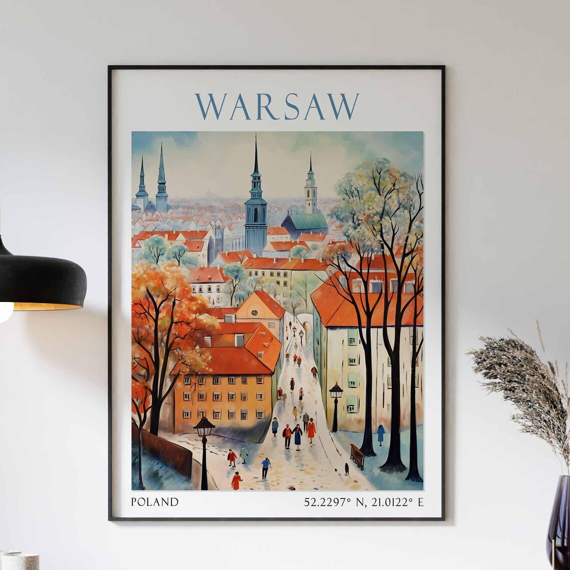 Warsaw Poland Old Town Autumn Street Red Roof Church Spires Poster