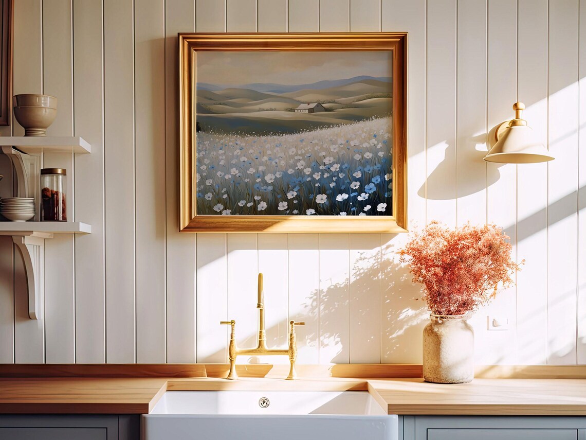 White Blue Wildflower Field Farmhouse Afternoon Light Art Print - Image 2