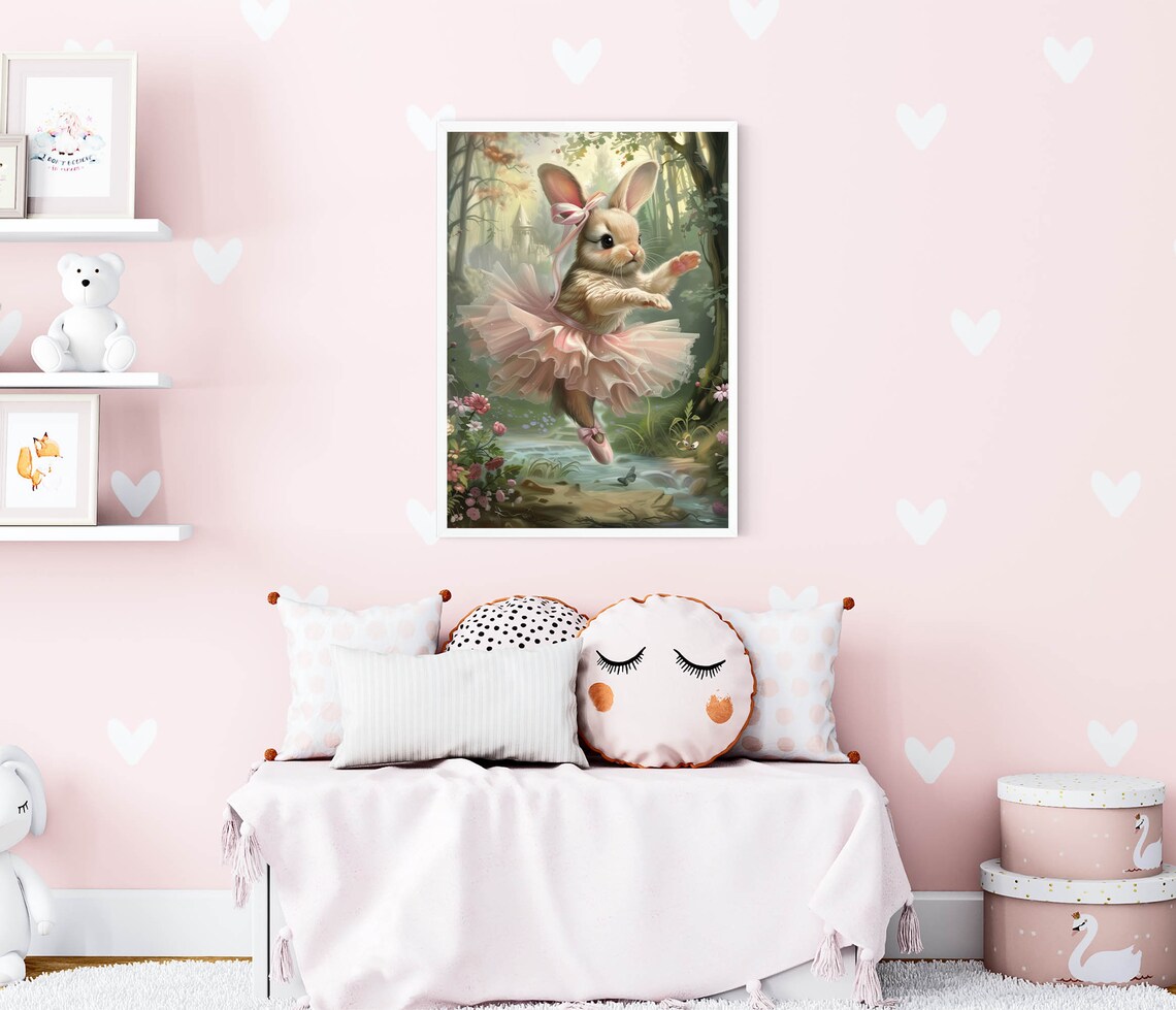 Dancing Bunny Ballerina Pink Bow Tutu Magical Woodland Stream Poster - Image 3