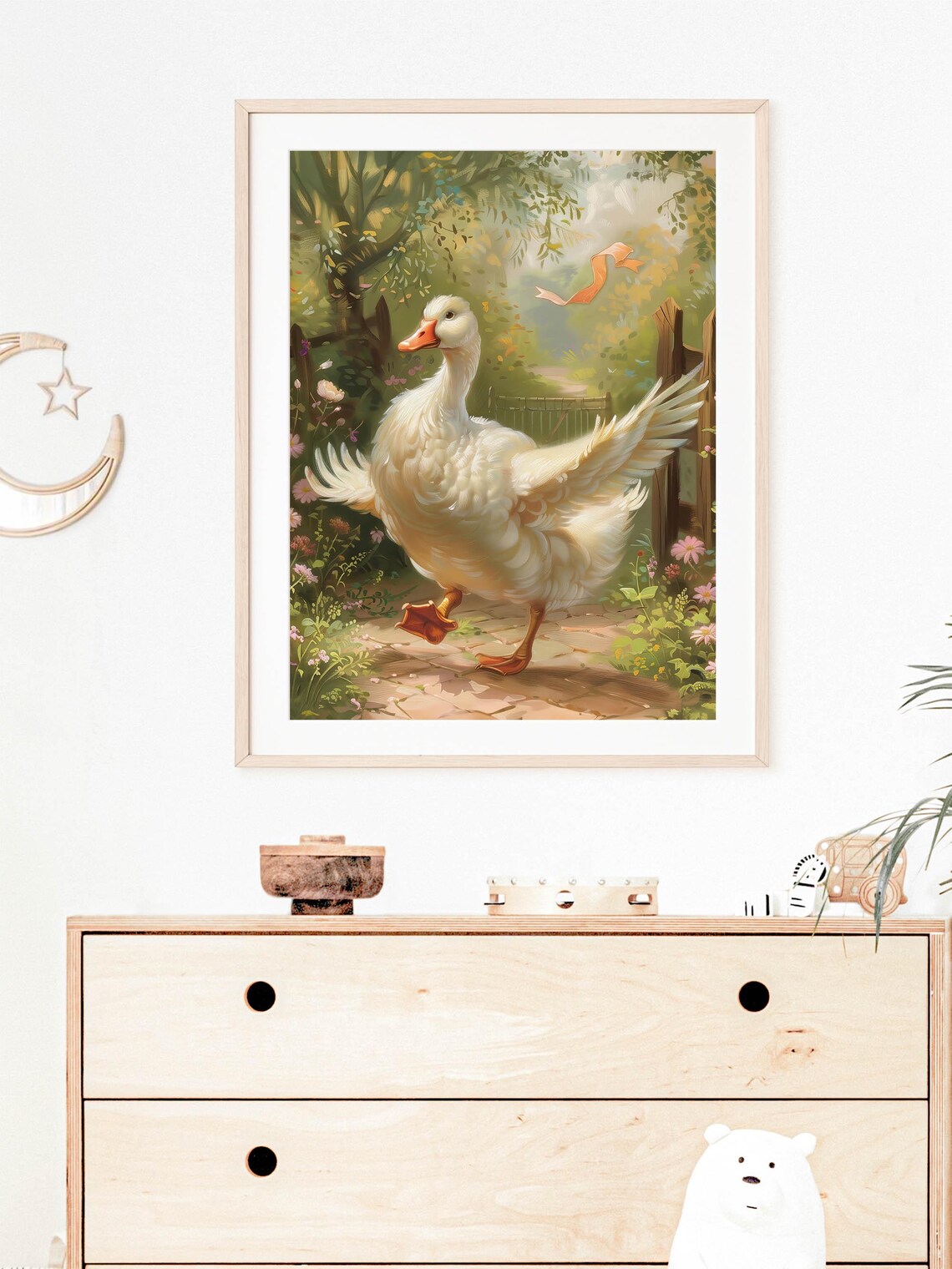 Silly White Goose Strutting Flower Garden Path Whimsical Kids Poster - Image 3