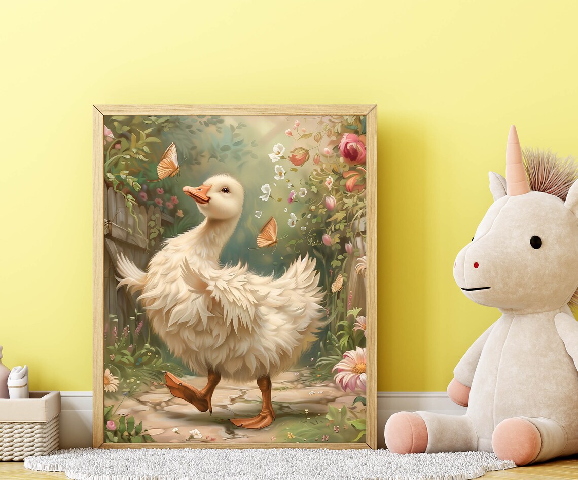 Fluffy White Goose Among Flowers Butterflies Vintage Storybook Poster - Image 4