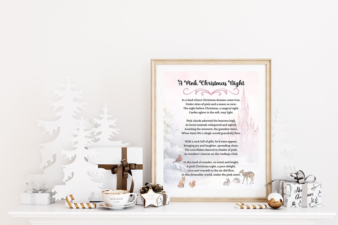 A Pink Christmas Night Poem Castle Woodland Holiday Art Poster - Image 3