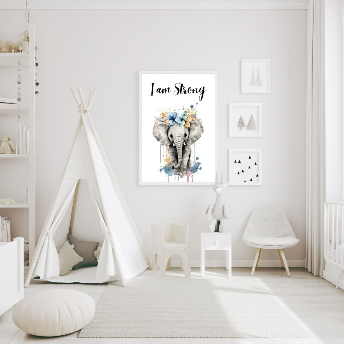 I Am Strong Elephant Flower Crown Nursery Watercolor Art Print - Image 3