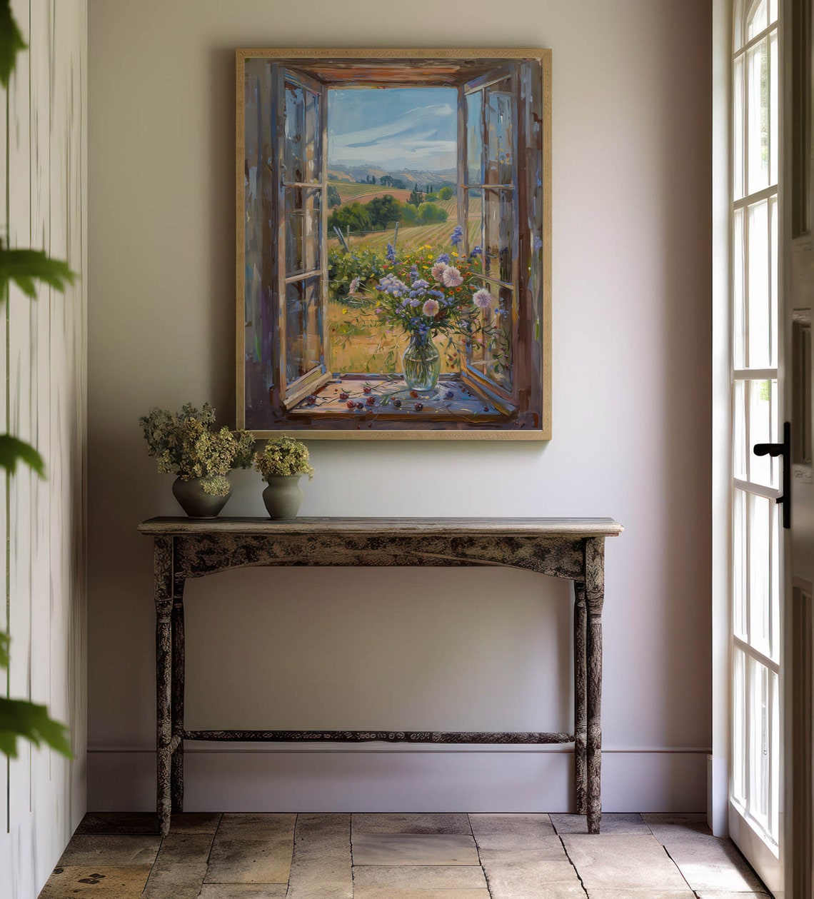 Wildflower Vase On Open Windowsill Over Vineyard Hillside View Poster - Image 8