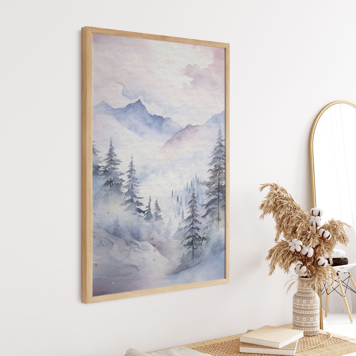 Snowy Mountain Forest Mist Winter Watercolor Landscape Art Print - Image 8