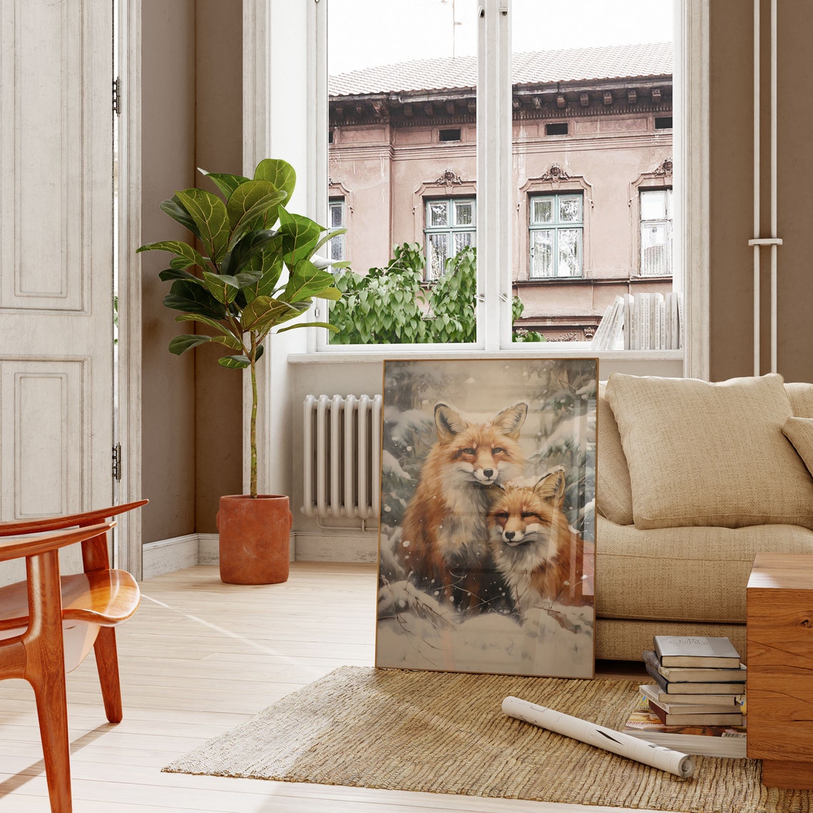 Two Foxes Cuddling in Falling Snow Winter Woodland Animal Poster - Image 2