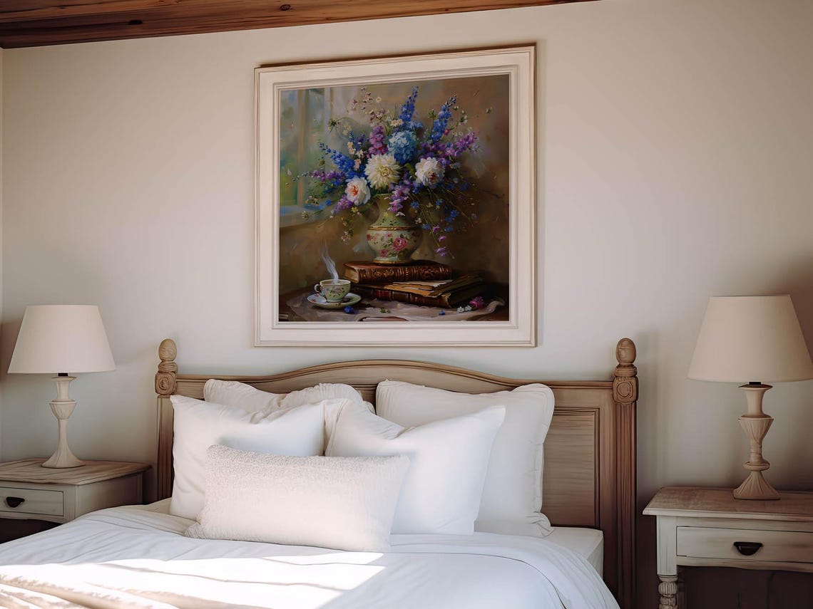 Vintage Hydrangea Bouquet Books Teacup Light Academia Art Print