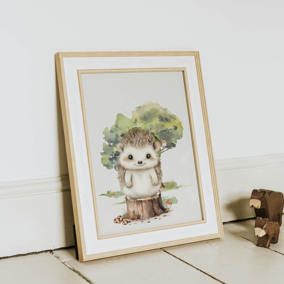 Smiling Hedgehog Tree Stump Watercolor Woodland Nursery Poster - Image 2