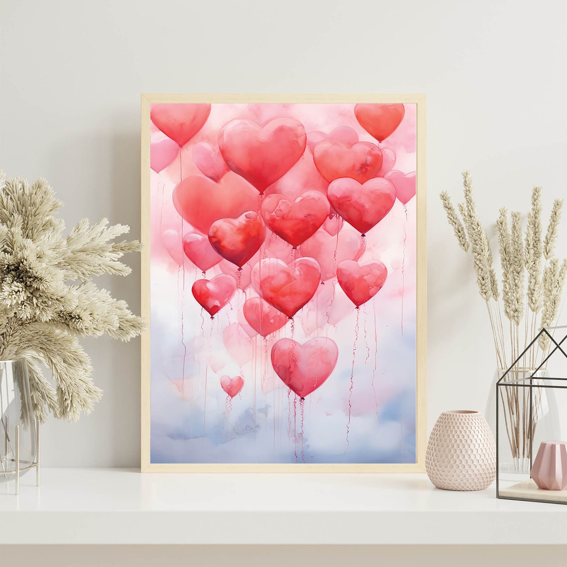 Romantic Pink Heart Balloons Bunch Watercolor Valentine Poster - Image 6