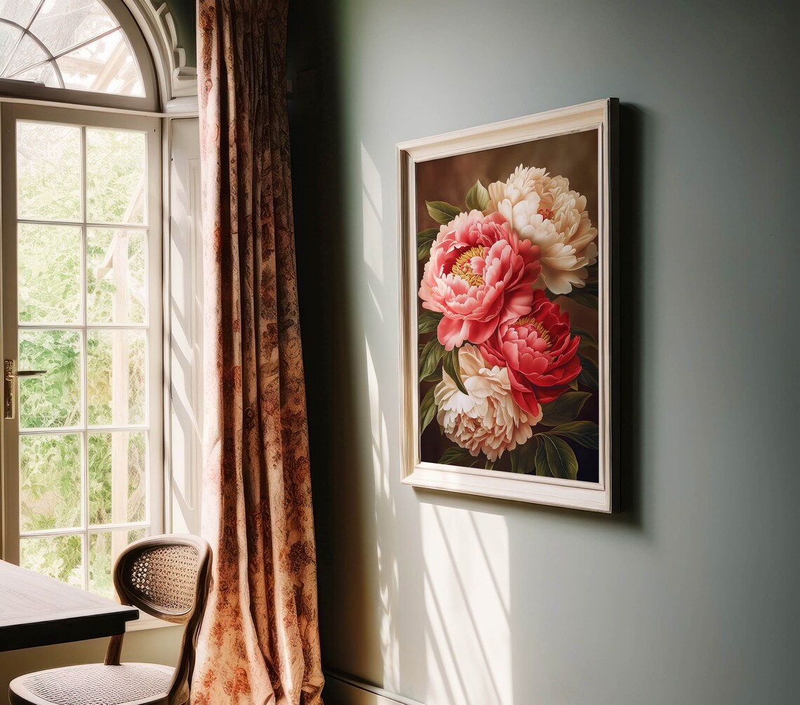 Pink Red Cream Peonies Dark Brown Background Botanical Floral Poster - Image 4