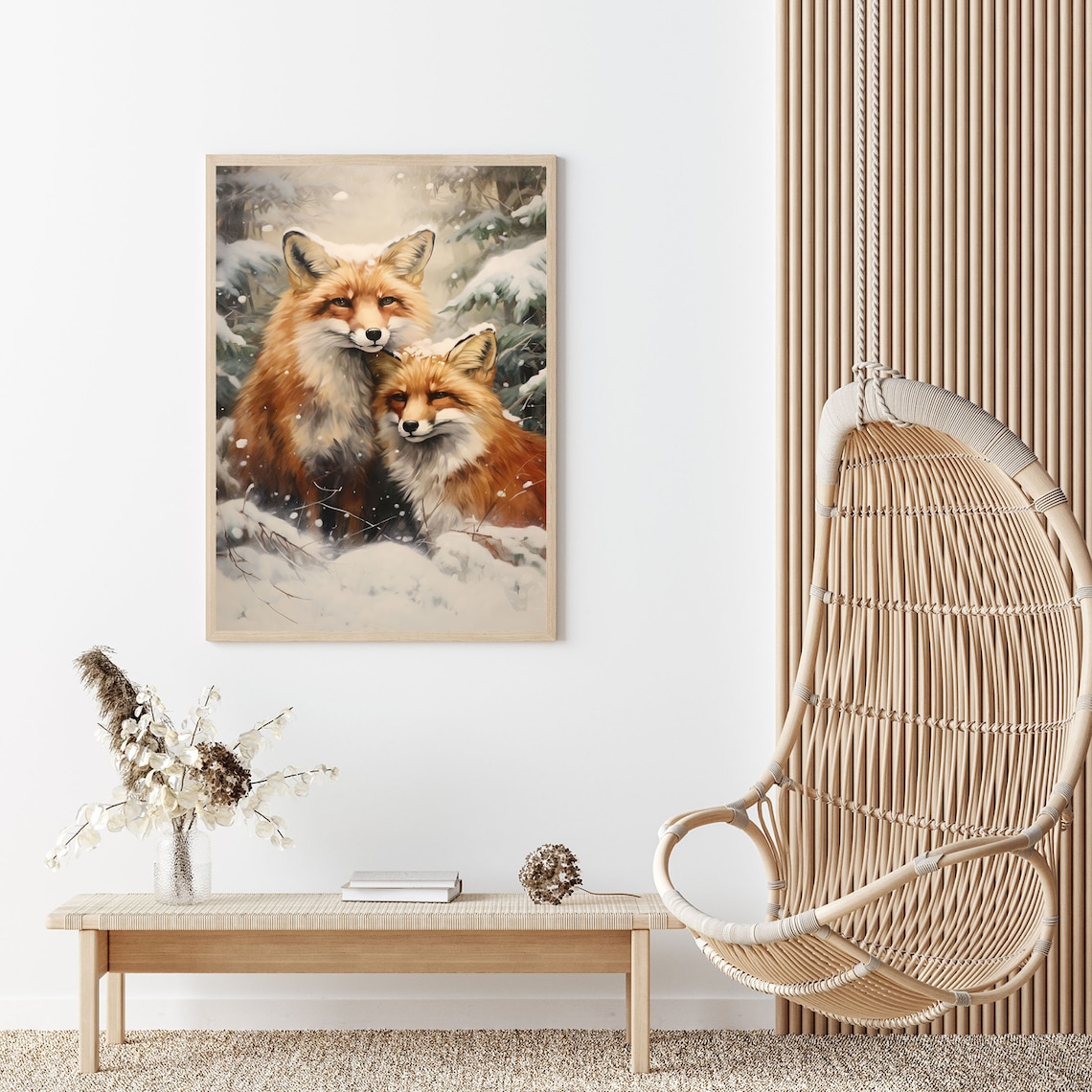 Red Fox Couple in a Snowy Forest Winter Wildlife Painting Poster - Image 6