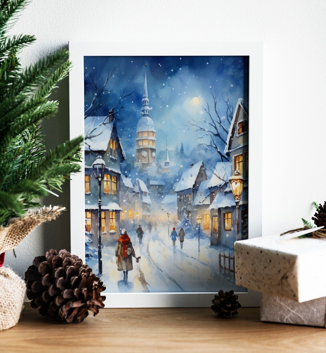 Blue Christmas Town Clock Tower Snowy Night Watercolor Art Print - Image 3