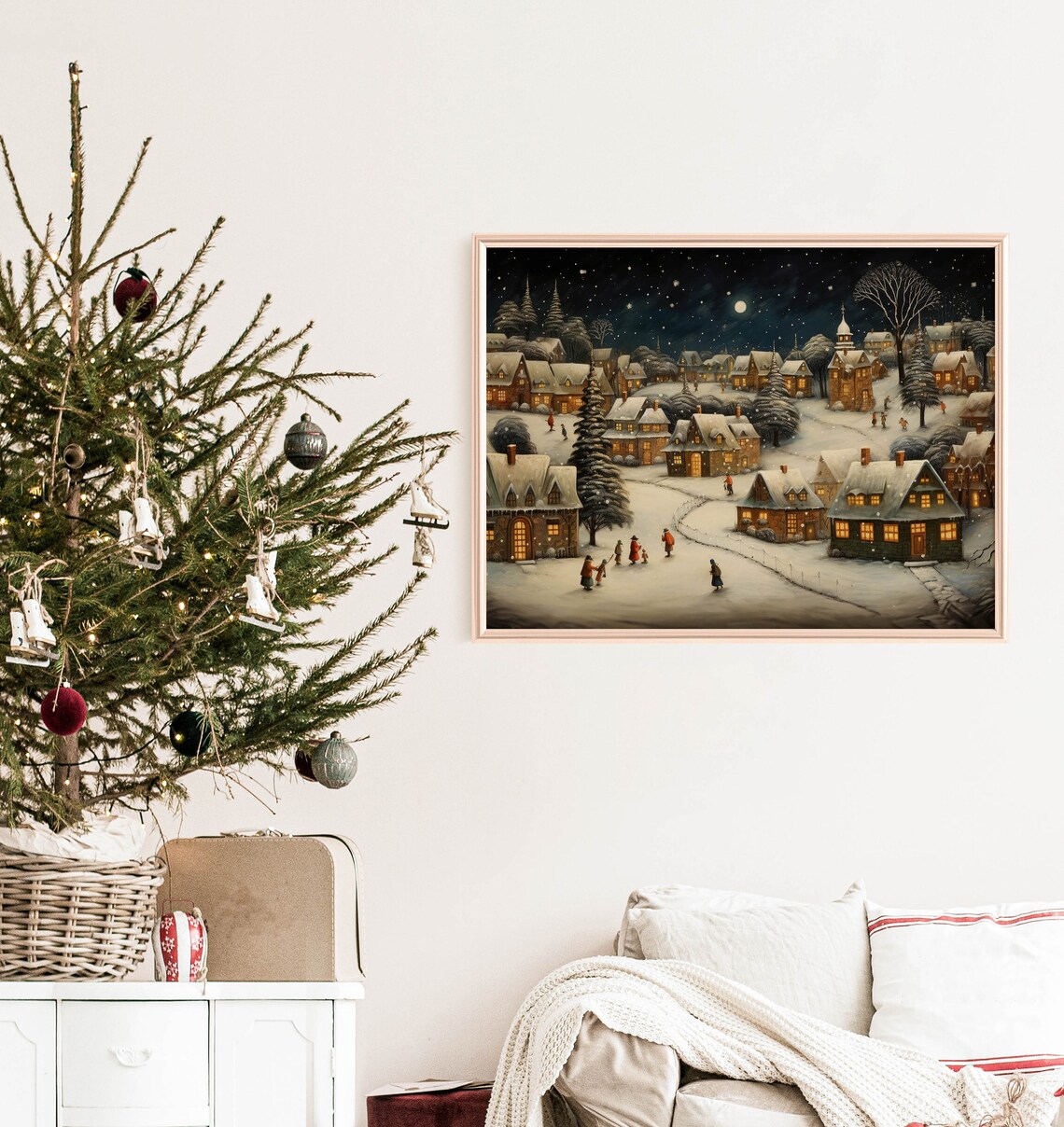 Vintage Christmas Village Snowy Night Moonlight Holiday Poster - Image 5