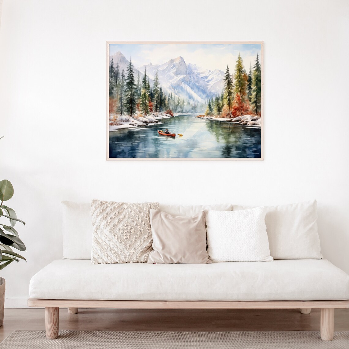 Red Canoe Winter Lake Mountain Snow Watercolor Landscape Poster - Image 7