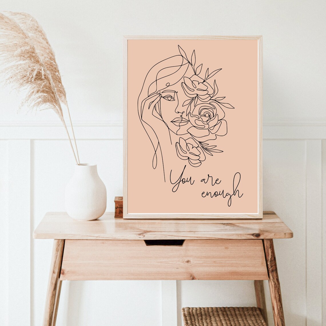 You Are Enough Line Art Woman Peach Floral Minimalist Poster - Image 5