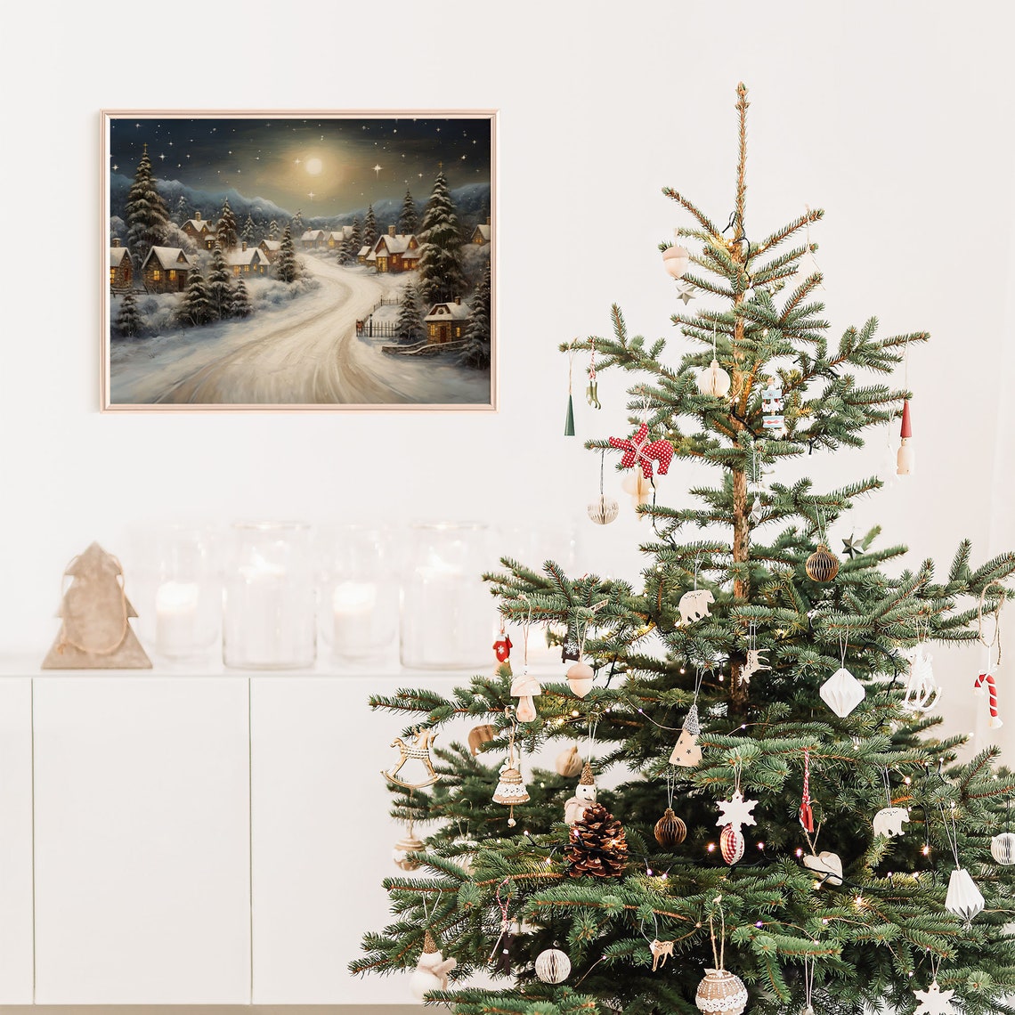 Snowy Mountain Village Moonlit Night Winter Landscape Poster - Image 3